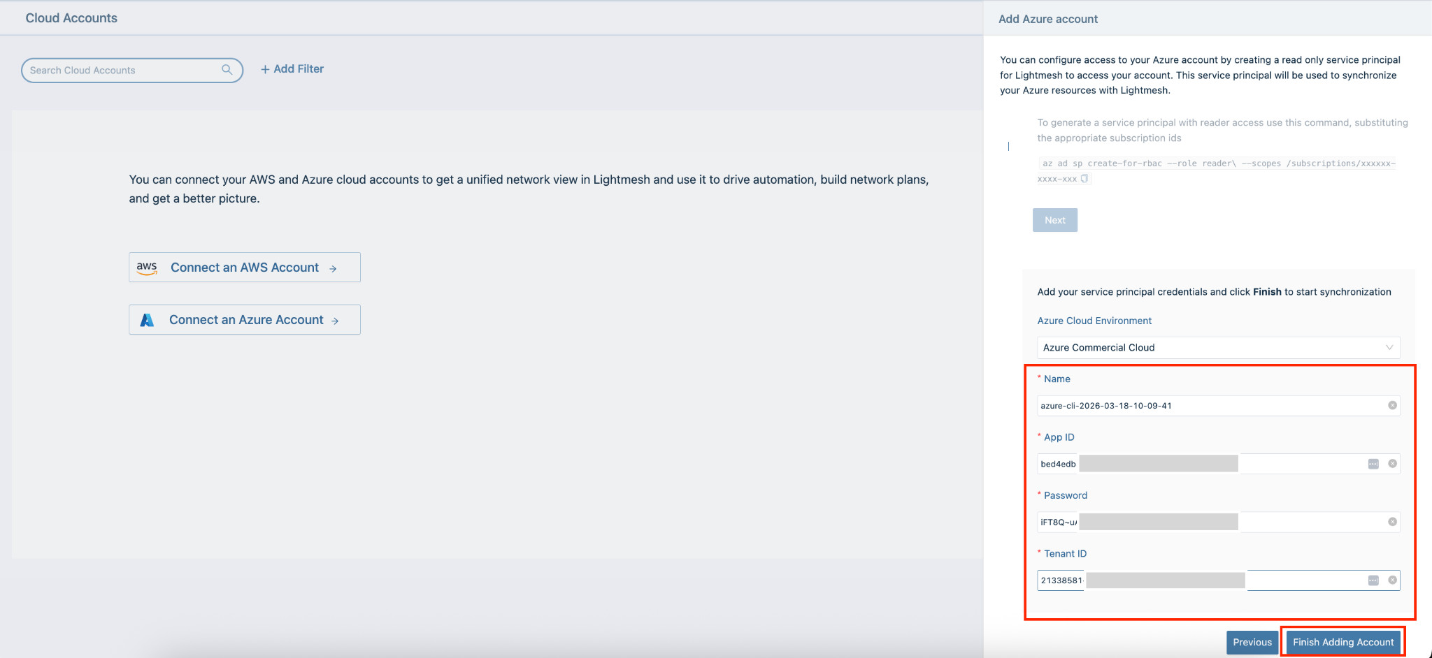 Add Azure Account form with service principal credentials