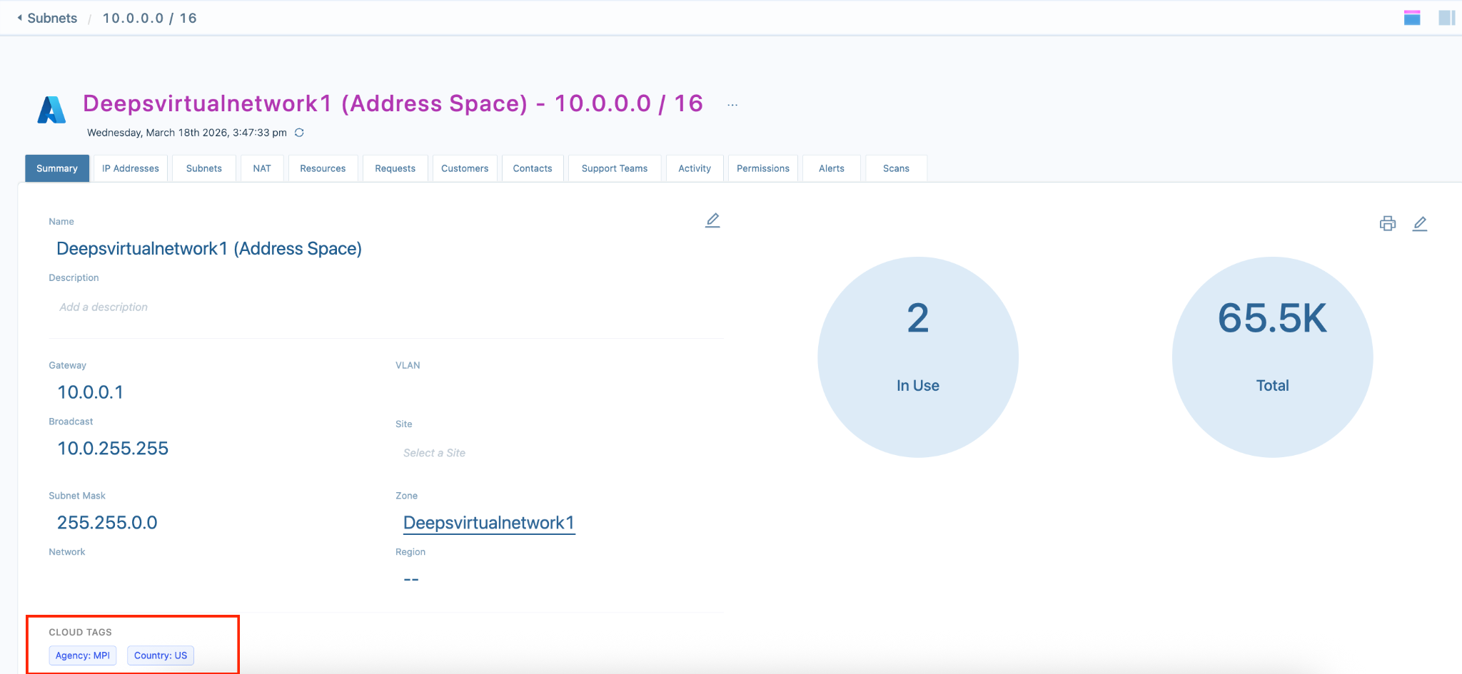 Subnet Summary showing CLOUD TAGS Agency MPI and Country US