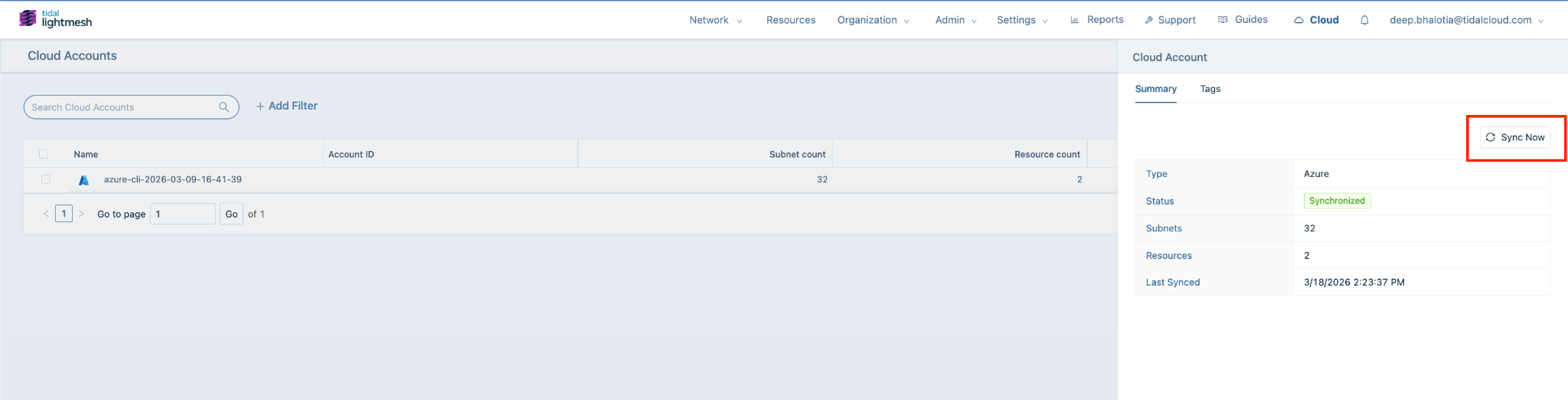 Sync Now button on the Azure account drawer