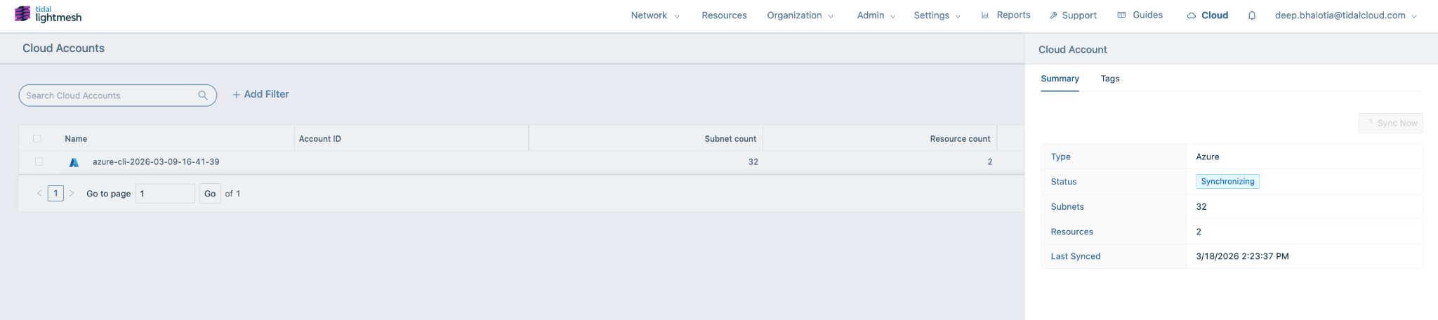 Azure account status showing Synchronizing