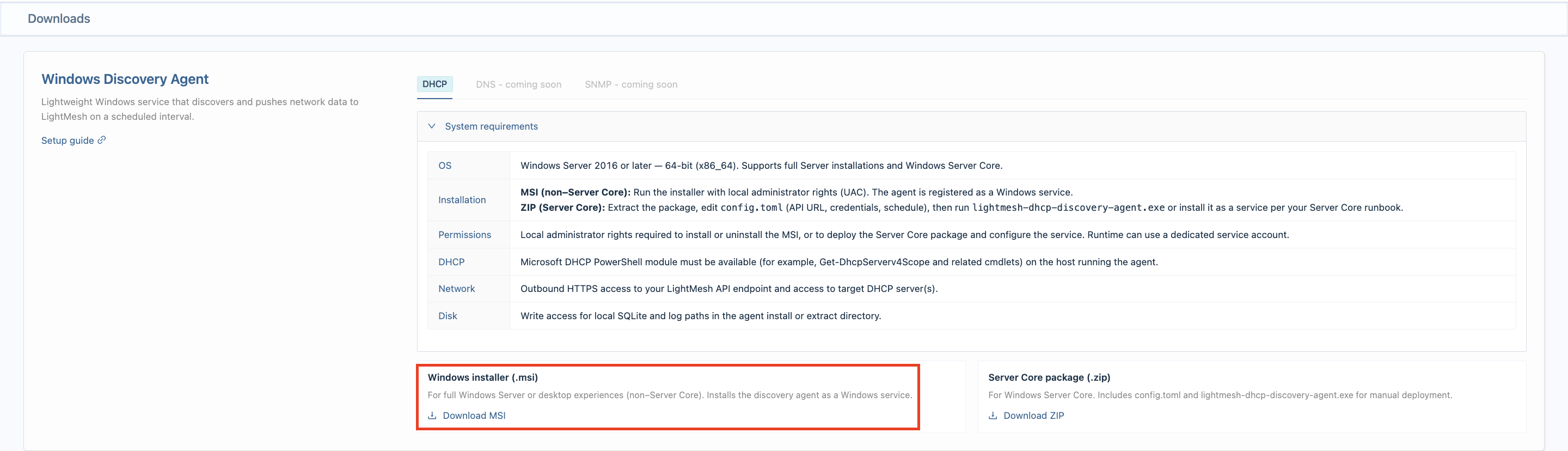 Windows Discovery Agent — DHCP tab with Download MSI