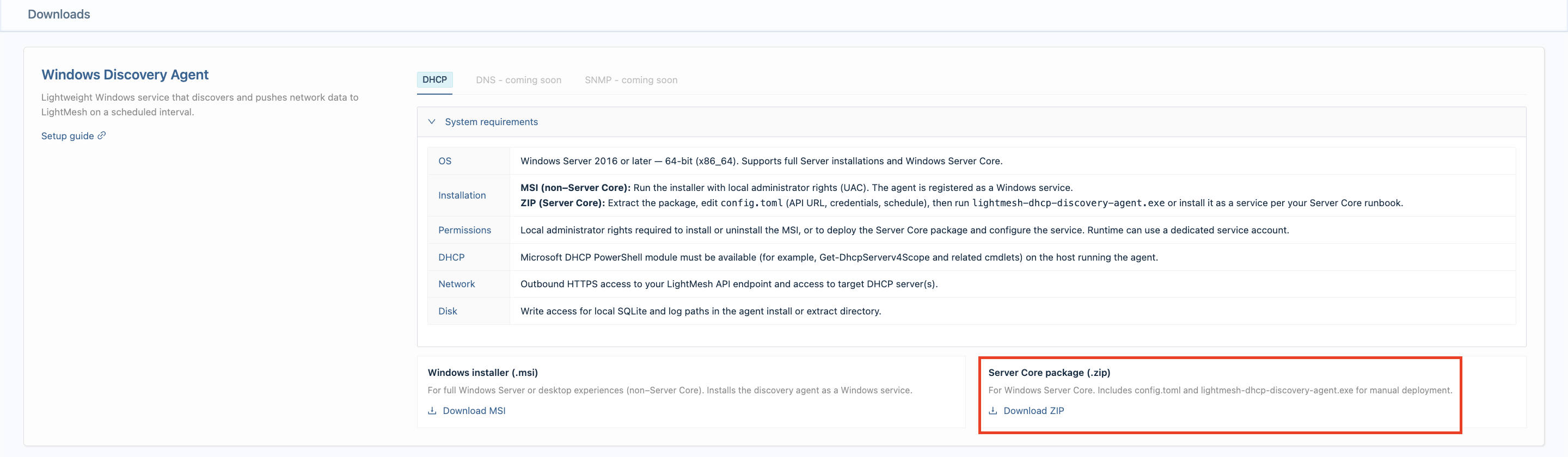Windows Discovery Agent — DHCP tab with Download ZIP for Server Core
