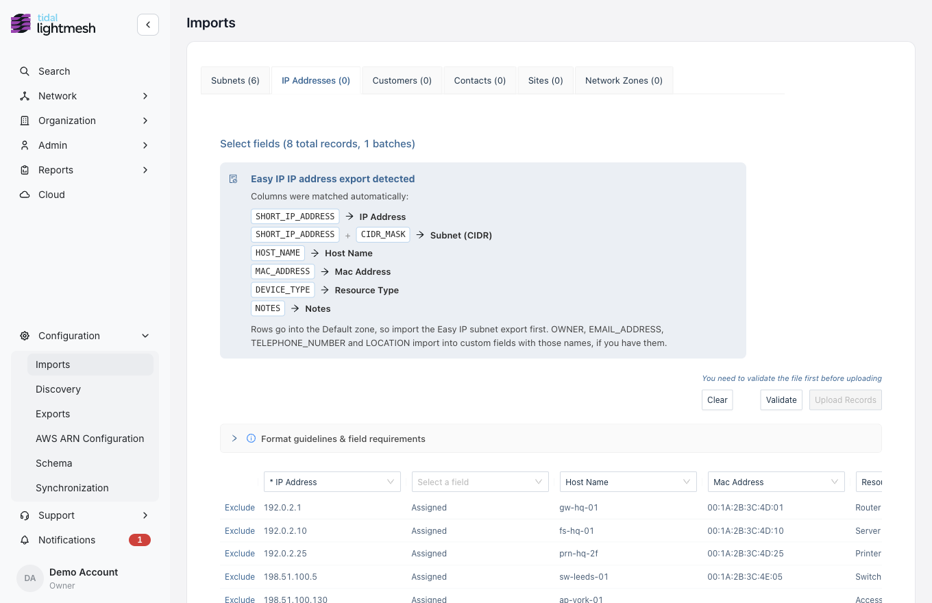 Easy IP IP address export detected, with columns mapped
