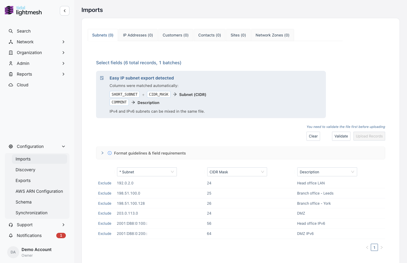 Easy IP subnet export detected, with columns mapped