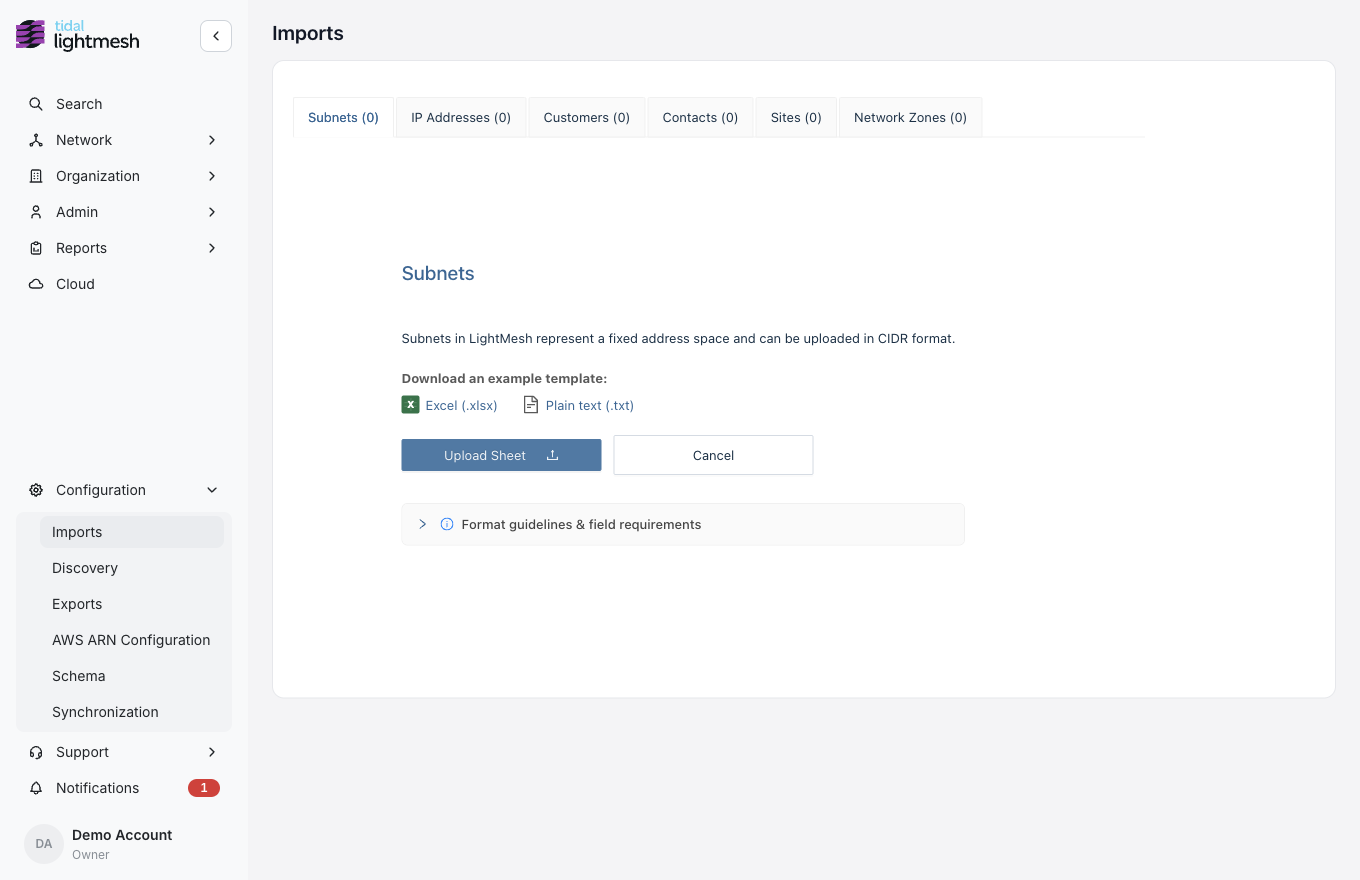 Subnets tab before upload