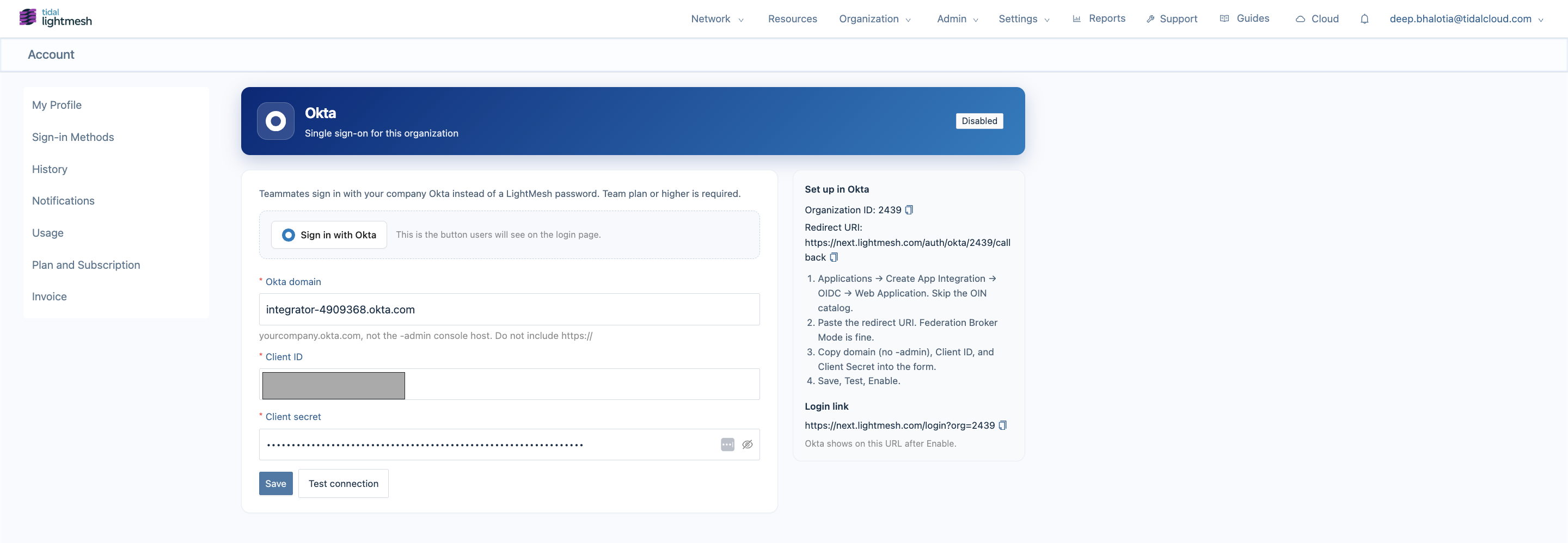 Okta credentials form in LightMesh