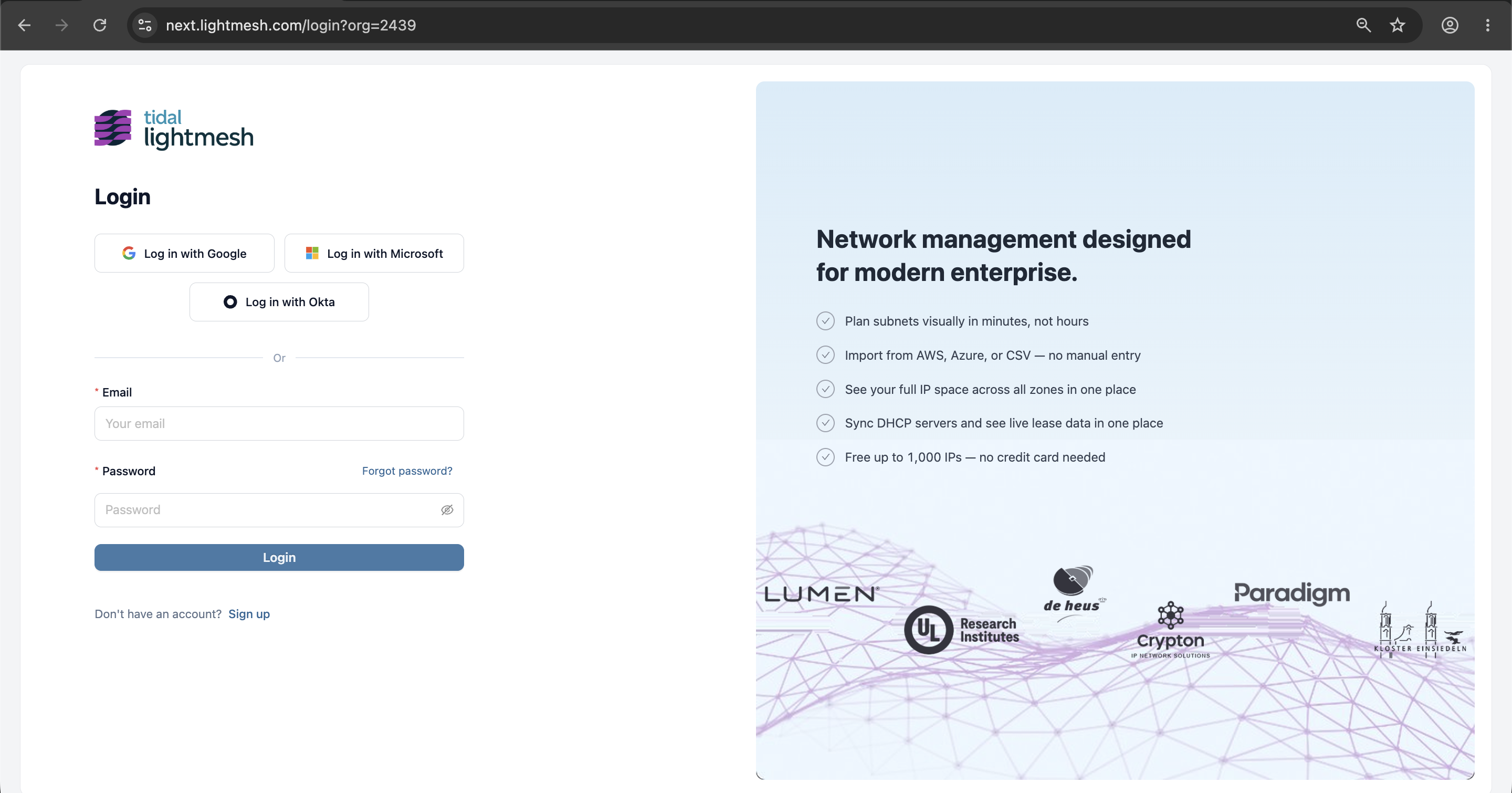 Organization login page with Okta button