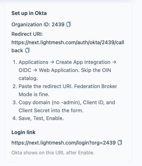 Okta sidebar Organization ID and Redirect URI