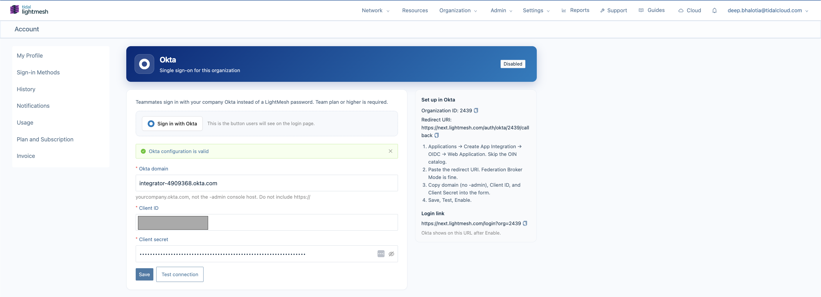 Okta test connection success