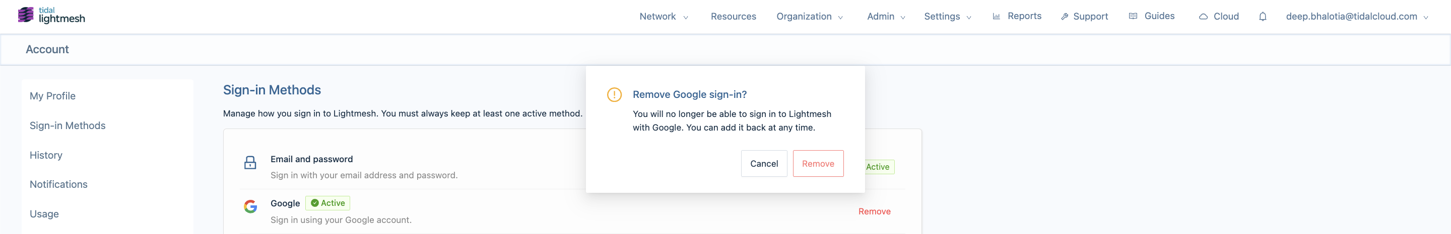 Remove Google sign-in method