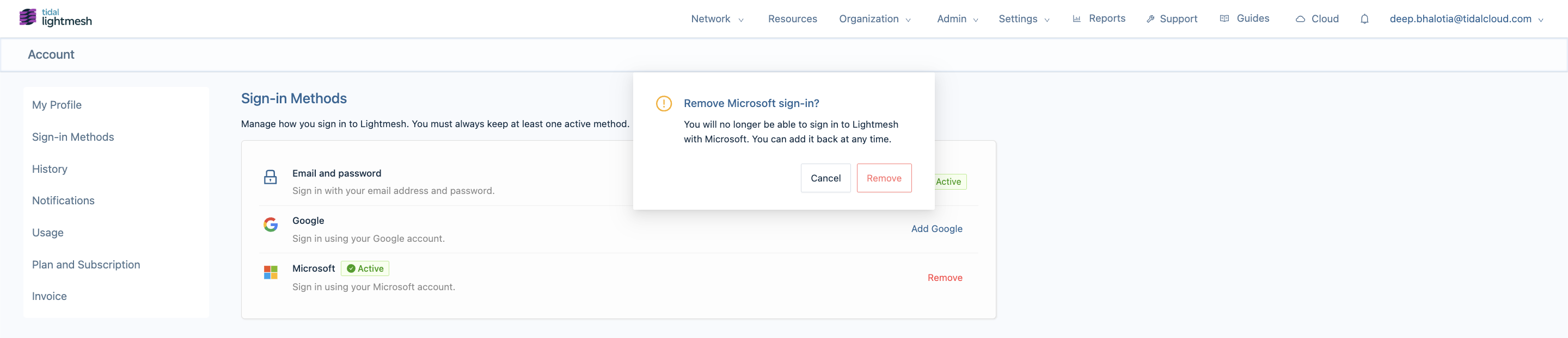 Remove Microsoft sign-in method